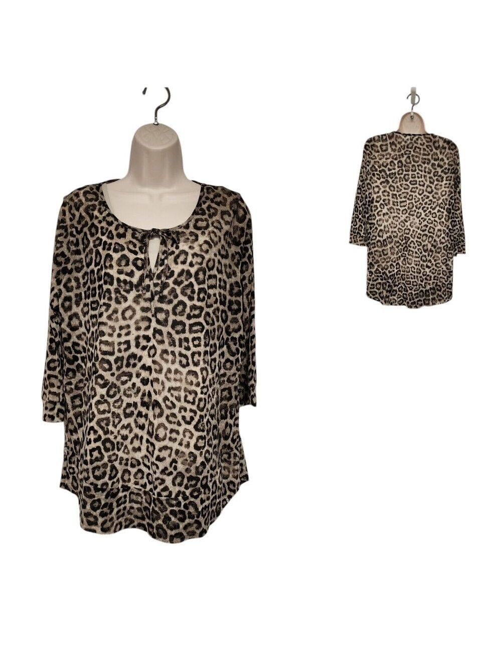 Chico's Leopard Animal Print 2 PC Sheer Tunic Blouse 3/4 Sleeve Color Brown L